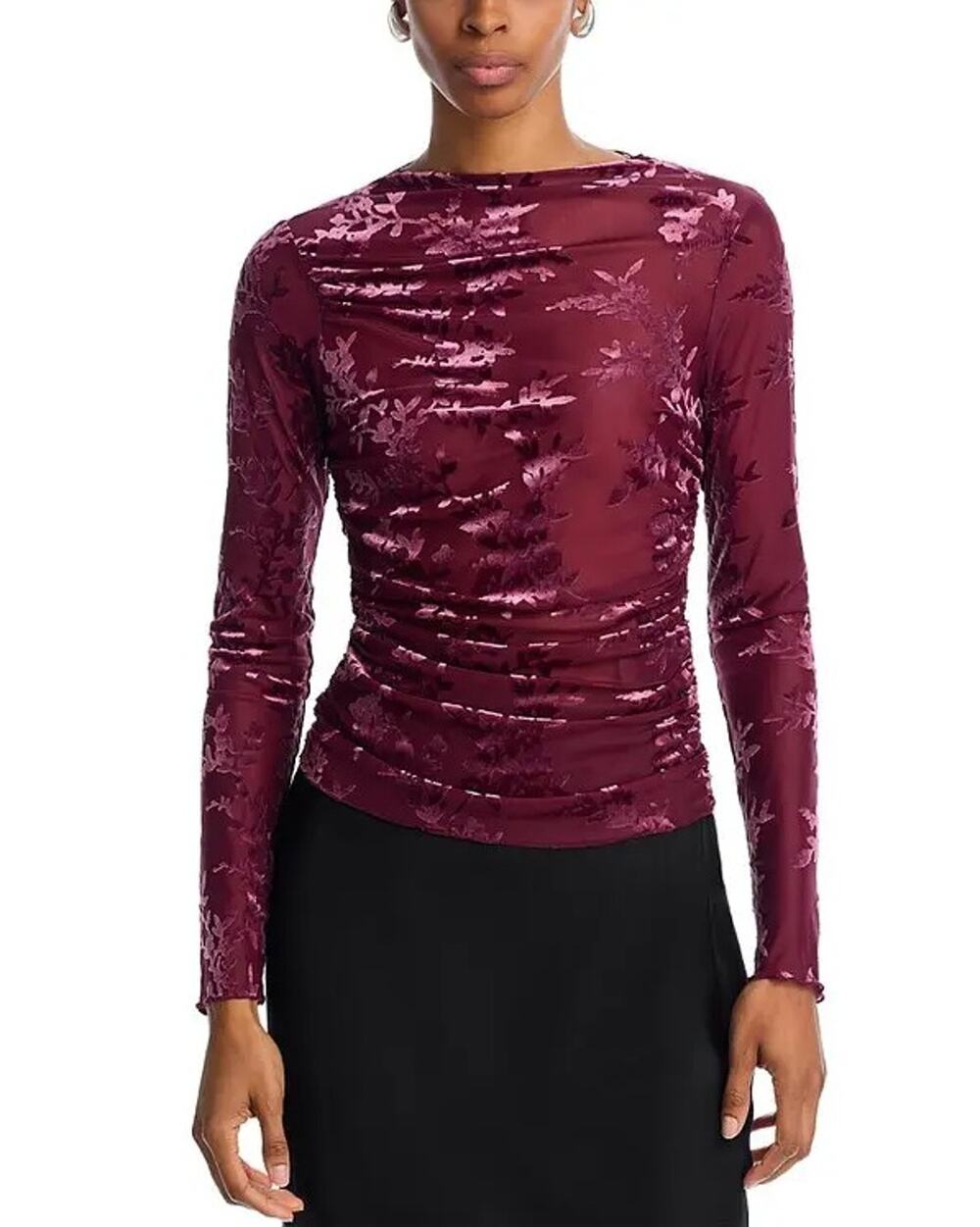 WAYF Women Merlot Red Floral Sheer Jersey Ruched Long Sleeves Slim Top Size XS